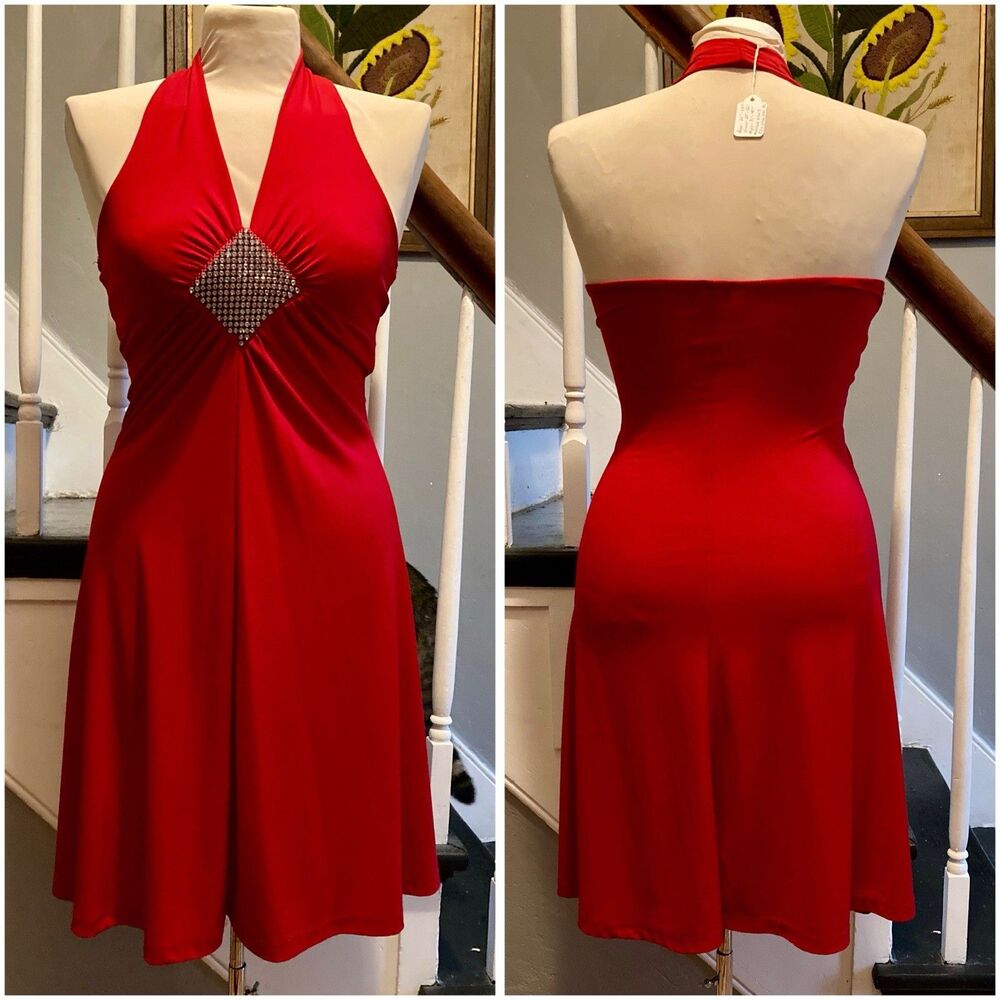 Late 1990s Early 2000s Y2k Slinky Red Halter Dress Sexy Rhinestones Mini Beach